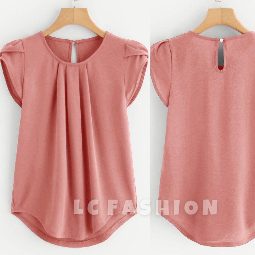 Minimalist shirt , Solid Pleated Cap Sleeve Curved Hem Shirt, Summer women's top